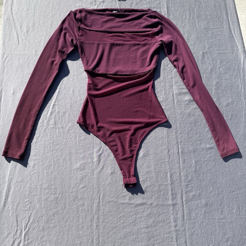 Naked Wardrobe Wine Mesh Cutout Long Sleeve Bodysuit Womens XS Going Out